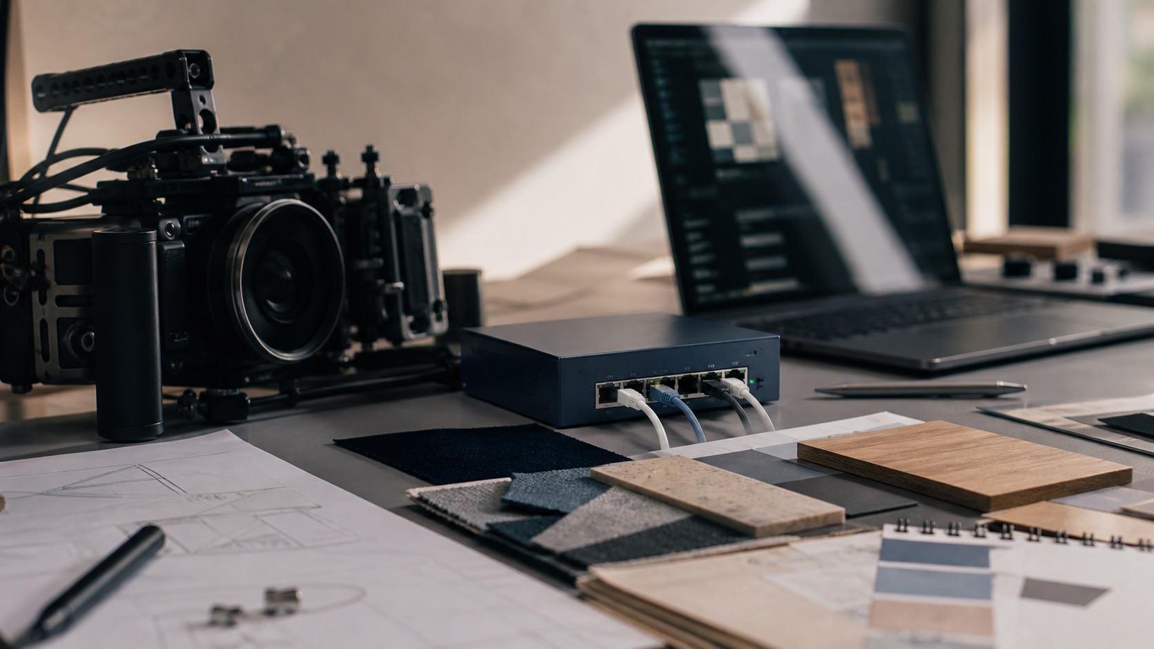 A camera, network hardware, material samples, and a laptop arranged on a working studio table.