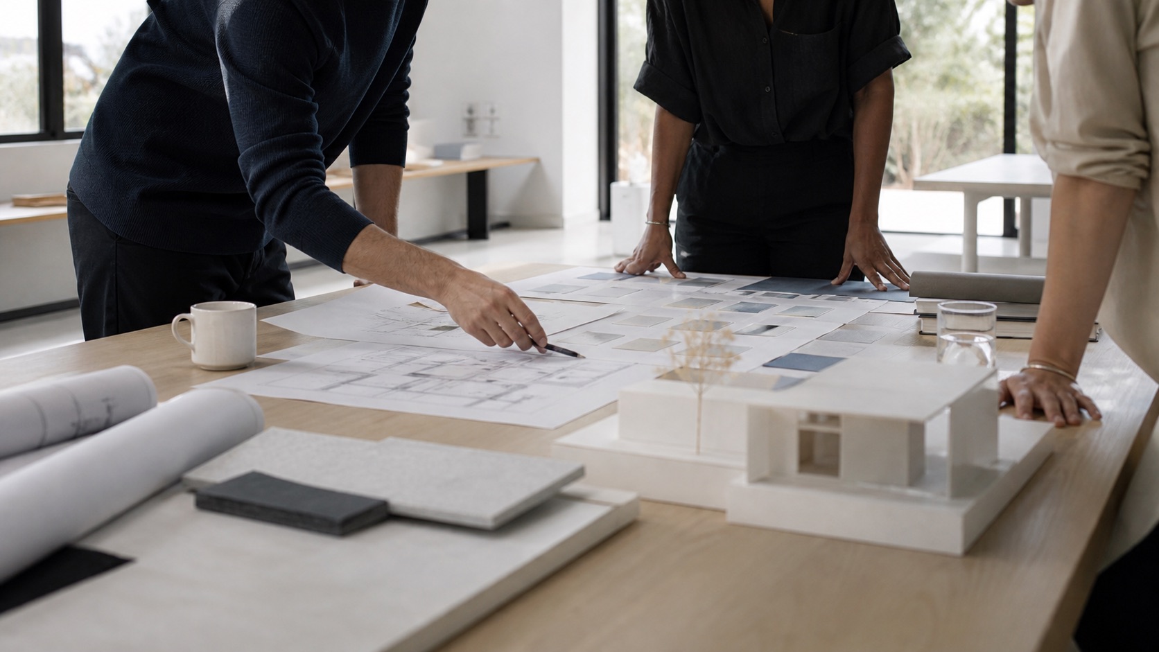 A multidisciplinary team working together around architectural plans and a physical model.